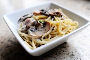 Bacon and mushroom carbonara bake