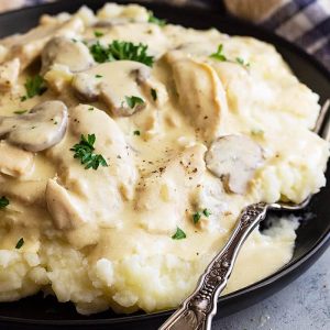 Chicken stronganoff with potato topping