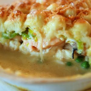 Creamy fish pie with peas