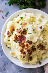 Mashed potato with bacon and leek