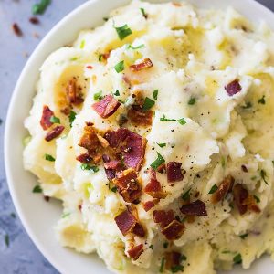 Mashed potato with bacon and leek